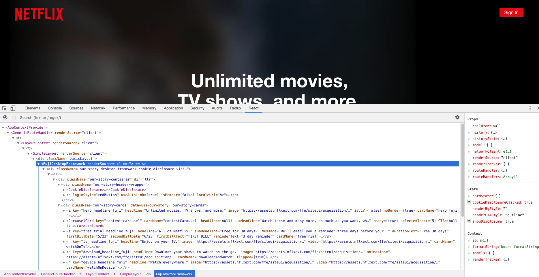 React Dev Tools opened on Netflix website